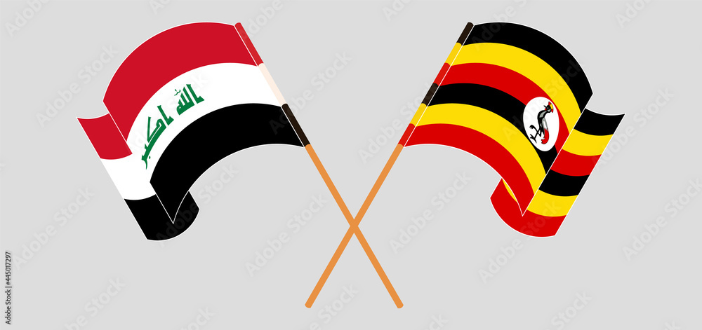 Crossed and waving flags of Iraq and Uganda Crossed and waving flags of Iraq and Uganda