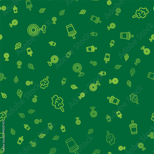 Set line Unicycle or one wheel bicycle, Cotton candy and Paper glass with water on seamless pattern. Vector