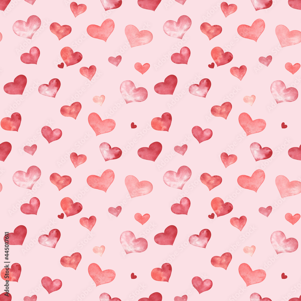 Seamless pattern with red hearts, hand drawn in watercolor, on light red background. 