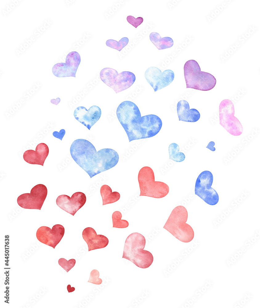 Red, blue and purple hearts, painted in watercolor, on white isolated background. 
