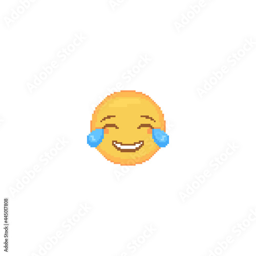 Pixel art Laughing Tears Emoji face icon. Vector cute pixel Tears of Joy emoticon. Lol Emoji in retro pixel 8 bit style. Laughing smiling eyes emoji yellow face isolated icon.