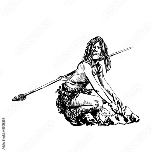 Caveman young man (Homo sapiens).  Hand Drawing Vector Illustration