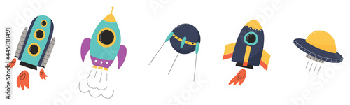 Collection of cute hand drawn spaceships. Flat vector illustration for children.