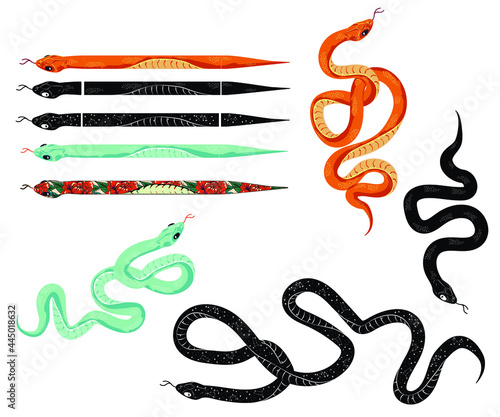 a set for creating an object brush in a graphics program, disassembled into elements of samples of snakes