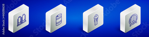 Set Isometric line Beer brewing process, Metal beer keg, Glass of and Wooden barrel icon. Vector