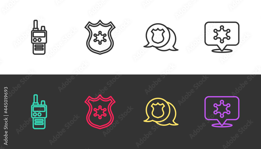 Set line Walkie talkie, Police badge, and Hexagram sheriff on black and white. Vector Set line Walkie talkie, Police badge, and Hexagram sheriff on black and white. Vector