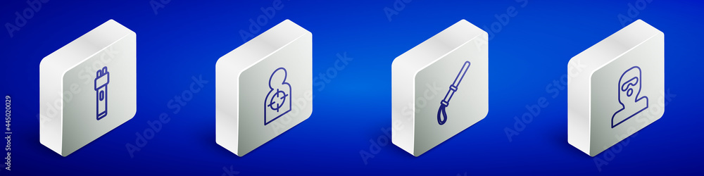 Set Isometric line Police electric shocker, Human target sport for shooting, rubber baton and Thief mask icon. Vector Set Isometric line Police electric shocker, Human target sport for shooting, rubber baton and Thief mask icon. Vector