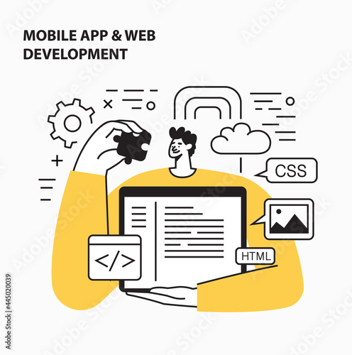 Web development agency abstract concept vector illustration set. Front and back end development, responsive web design, website interface, coding and programming, cyber security,
