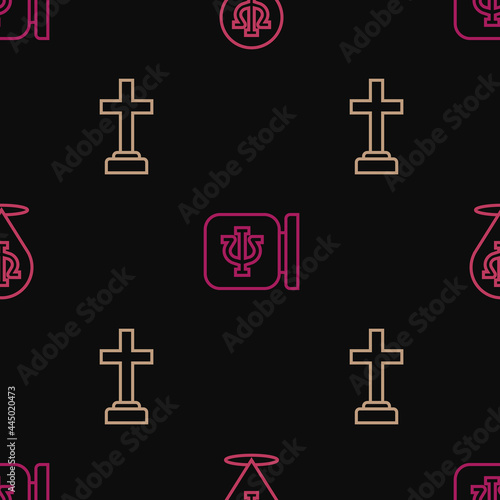 Set line Psychology, Psi, Graves funeral sorrow and on seamless pattern. Vector