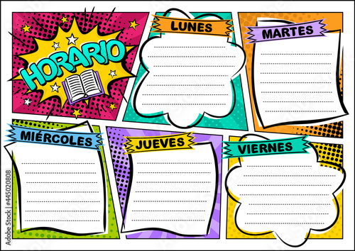 Spanish Comic template of a school schedule for 5 days of the week. Cartoon Blank for a list of school subjects. Transaltion: Timetable, Monday, Tuesday, Wednesday, Thursday, Friday. Vector popart photo