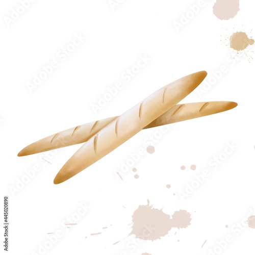 Watercolor digital illustration of two wheat bread baguettes made of white flour with a ruddy crust on a white background with watercolor inclusions with a copy of the space. Close-up