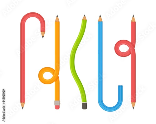 Vector illustration of curved pencil. Many arrows of different curvatures are scattered. 