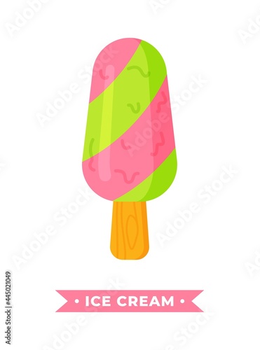 Strawberry pistachio melting ice on a stick. Vector illustration of a fruit ice cream isolated on a white background. 