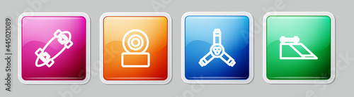 Set line Longboard or skateboard, Skateboard wheel, Y-tool and park. Colorful square button. Vector