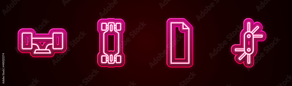 Set line Skateboard wheel, Longboard or skateboard, Grip tape and Tool allen keys. Glowing neon icon. Vector Set line Skateboard wheel, Longboard or skateboard, Grip tape and Tool allen keys. Glowing neon icon. Vector