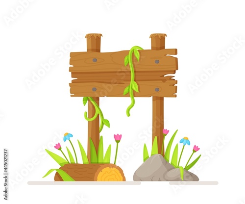 Vector illustration of an old wooden bulletin board. Wooden bulletin board that is overgrown with weeds.    