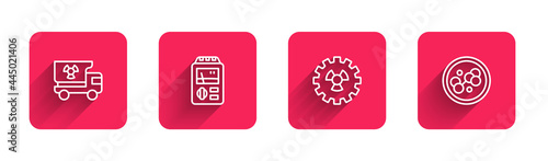 Set line Truck with radiation materials, Dosimeter, Radioactive and Molecule with long shadow. Red square button. Vector