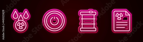 Set line Acid rain and radioactive cloud, Power button, Radioactive waste barrel and Radiation warning document. Glowing neon icon. Vector