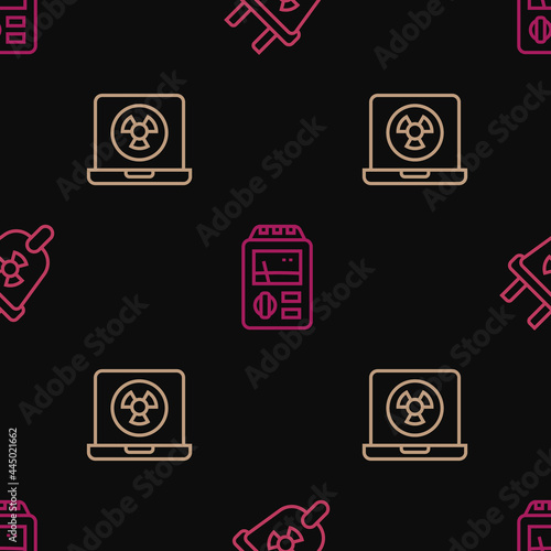 Set line Radiation electrical plug, Nuclear laptop and Dosimeter on seamless pattern. Vector