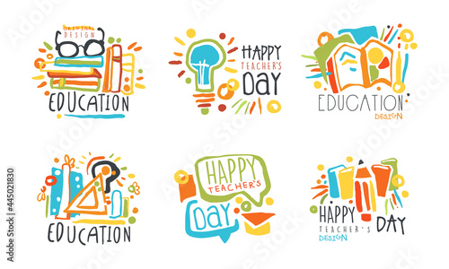 Happy Teacher Day and Education Label Design Vector Set