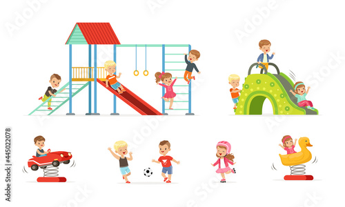 Little Children Playing and Having Fun at Playground Sliding and Playing Ball Vector Set