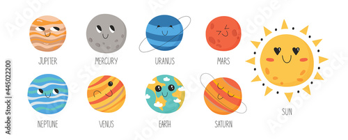 Collection of solar system planets. Cute hand drawn vector illustration for children.