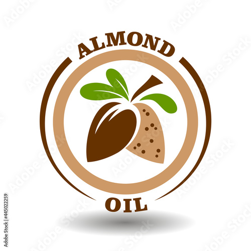 Simple circle logo Almond oil with round half cut nut shells icon and green leaves symbol for labeling product contain natural organic sweet almond milk in package pictogram sign
