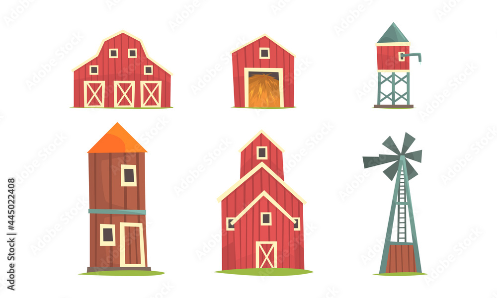 Farm Building and Construction with Timbered Red Barn and Water Tower Vector Set