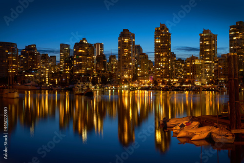 Vancouver Skyline Dusk Canada. The view of Yaletown across False Creek at sunset in Vancouver. British Columbia  Canada.  