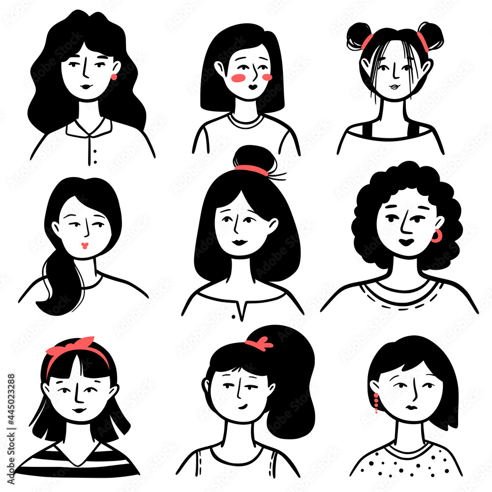 Vector faces with red elements. Collection of portraits of women in line style. Black and white illustration isolated on white background. Stylish female head for avatar, print, decoration. Vector faces with red elements. Collection of portraits of women in line style. Black and white illustration isolated on white background. Stylish female head for avatar, print, decoration.