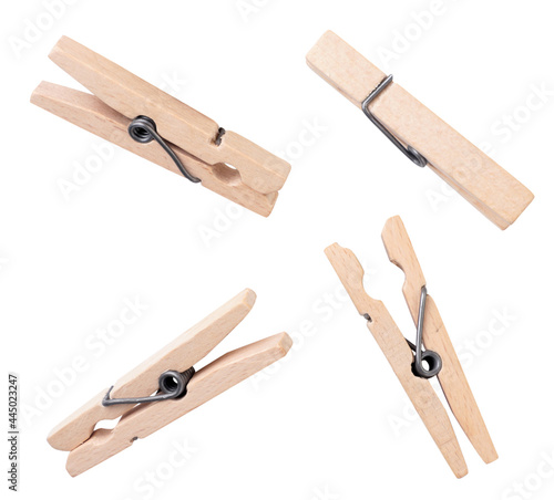 Set of wooden clothespins on a white background. Isolated