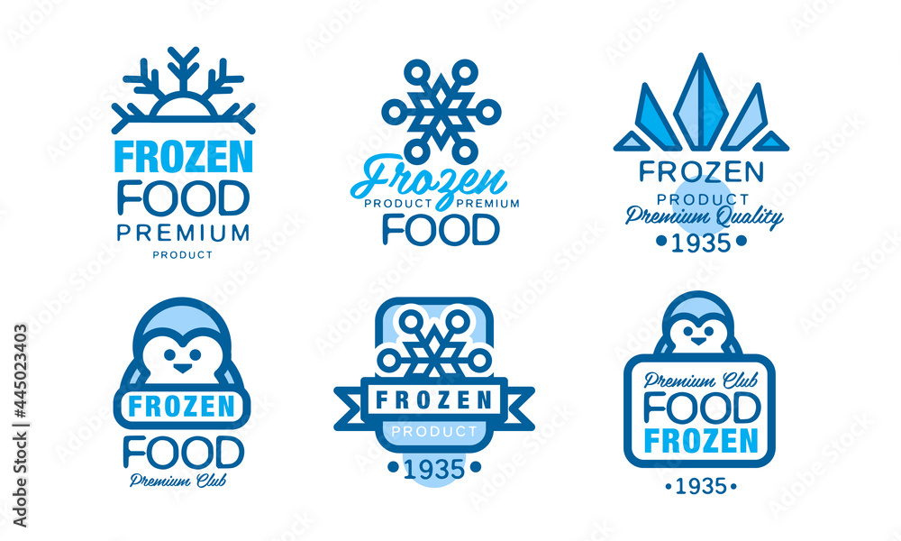 Frozen Product Logo or Badge with Snowflake and Cold Blue Symbol Vector Set Frozen Product Logo or Badge with Snowflake and Cold Blue Symbol Vector Set