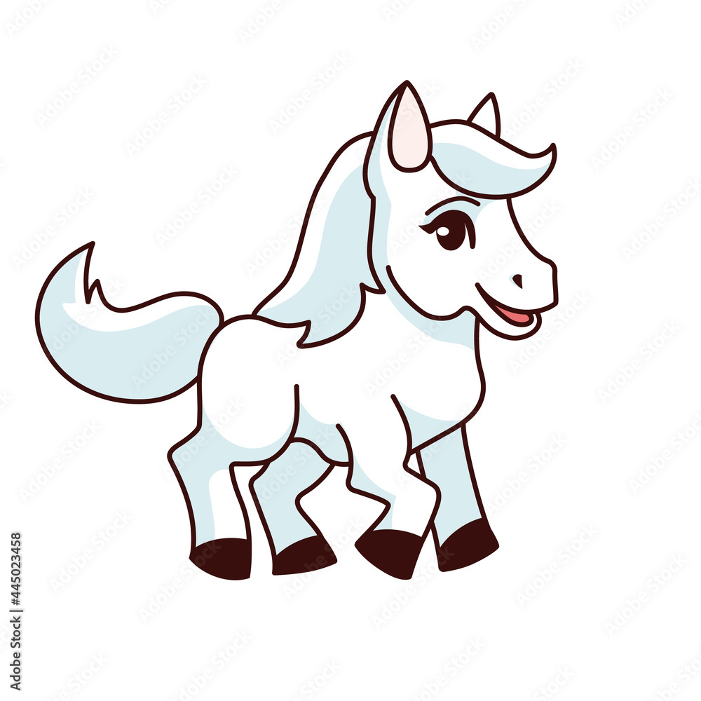 Foal. Vector illustration of a small horse, pony. Transparent background. Cute cartoon style for kids