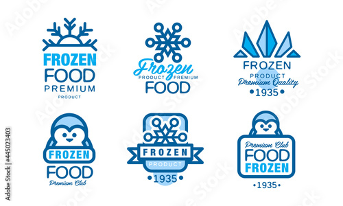 Frozen Product Logo or Badge with Snowflake and Cold Blue Symbol Vector Set