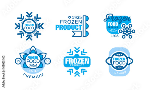Frozen Product Logo or Badge with Snowflake and Cold Blue Symbol Vector Set
