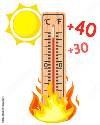 Wooden thermometer on fire shows heat and sun