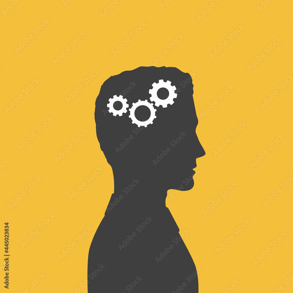 Silhouette profile of man with gears in his head - metaphor of thinking process, brainstorm, generating idea. Thoughtful man is thinking about a problem solution. Business concept. Silhouette profile of man with gears in his head - metaphor of thinking process, brainstorm, generating idea. Thoughtful man is thinking about a problem solution. Business concept.