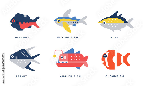 Freshwater and Saltwater Fish as Seafood Depicted in Flat Style Vector Set