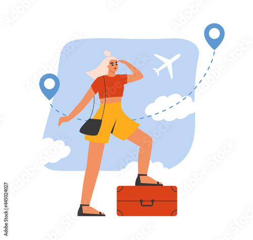 Female tourist with luggage at the airport. Young woman travelling abroad by airplane with a suitcase, bag. Summer vacation, holiday, journey concept. Isolated flat vector illustration