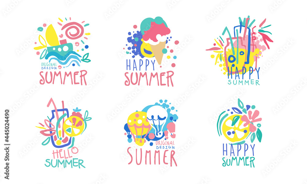 Bright Hello Summer Logo or Label for Seasonal Vacation Design Vector Set