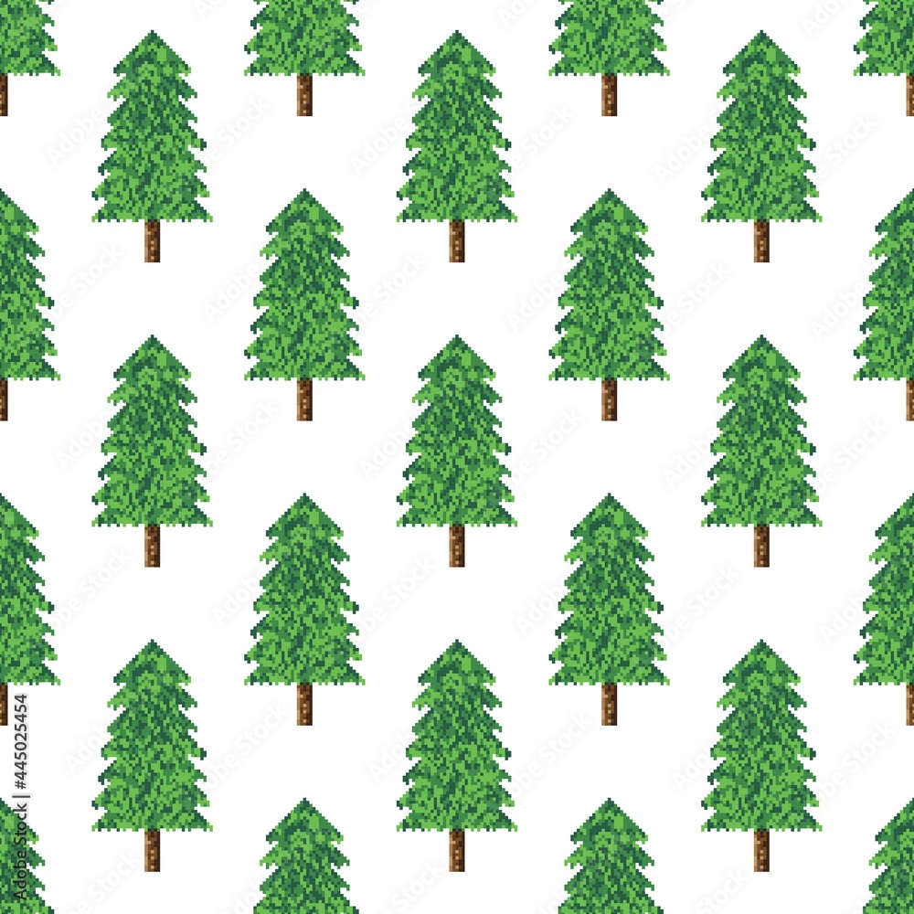 Christmas trees pattern pixel art. Seamless pattern. Pixel art Christmas trees pattern.