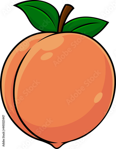 Cartoon Peach Fruit With Green Leaves. Vector Hand Drawn Illustration Isolated On Transparent Background