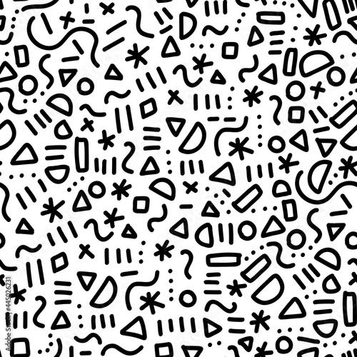 Memphis doodle pattern seamless vector repeat. Cute simple line art background with hand drawn elements black on white. Monochrome memphis style hipster backdrop for fabric  wallpaper  wrapping.