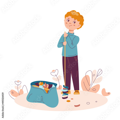 Boy collects the garbage in the garbage bag. Nature cleaning concept. Vector illustration in flat cartoon style. Isolated on a white background.