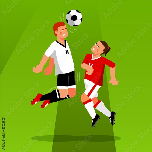 Soccer players on the football field are fighting for the riding ball. Heading the ball in football. Headbutt. Vector cartoon illustration.