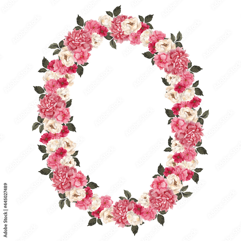 Watercolor retro wreath. Vintage flowers and leaves, isolated on white background