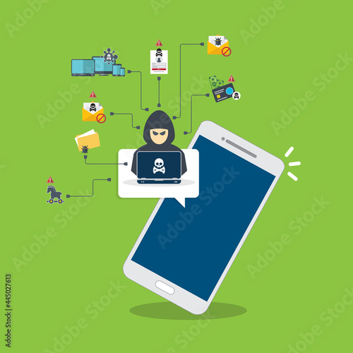 Hacker, malware notification on mobile phone. Smartphone with hacker alert, spam data on cellphone fraud error message, scam, virus. Flat vector illustration.	
