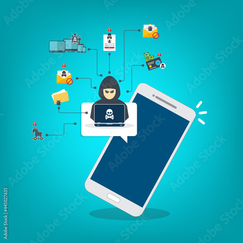 Hacker, malware notification on mobile phone. Smartphone with hacker alert, spam data on cellphone fraud error message, scam, virus. Flat vector illustration.	
