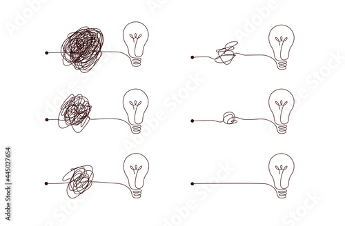 Complex to simple way to create idea - messy clew symbols with light bulb.