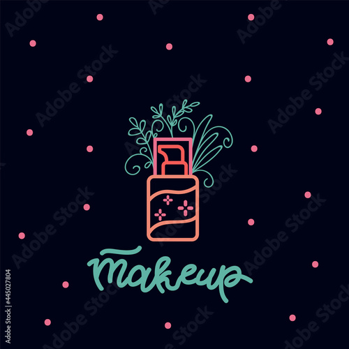 Poster with Doodle makeup Tools. Illustration of a cream in a jar in nature. A poster for a spa and beauty salon with the inscription Makeup. Vector illustration